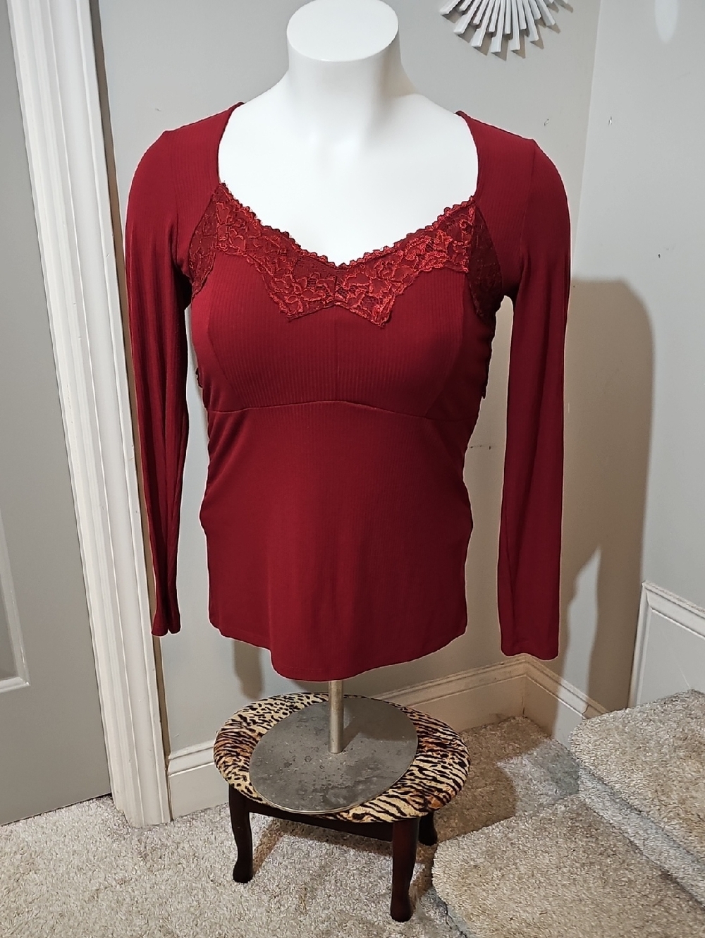 torrid Lace-Trim Long Sleeve Top in Deep Burgundy